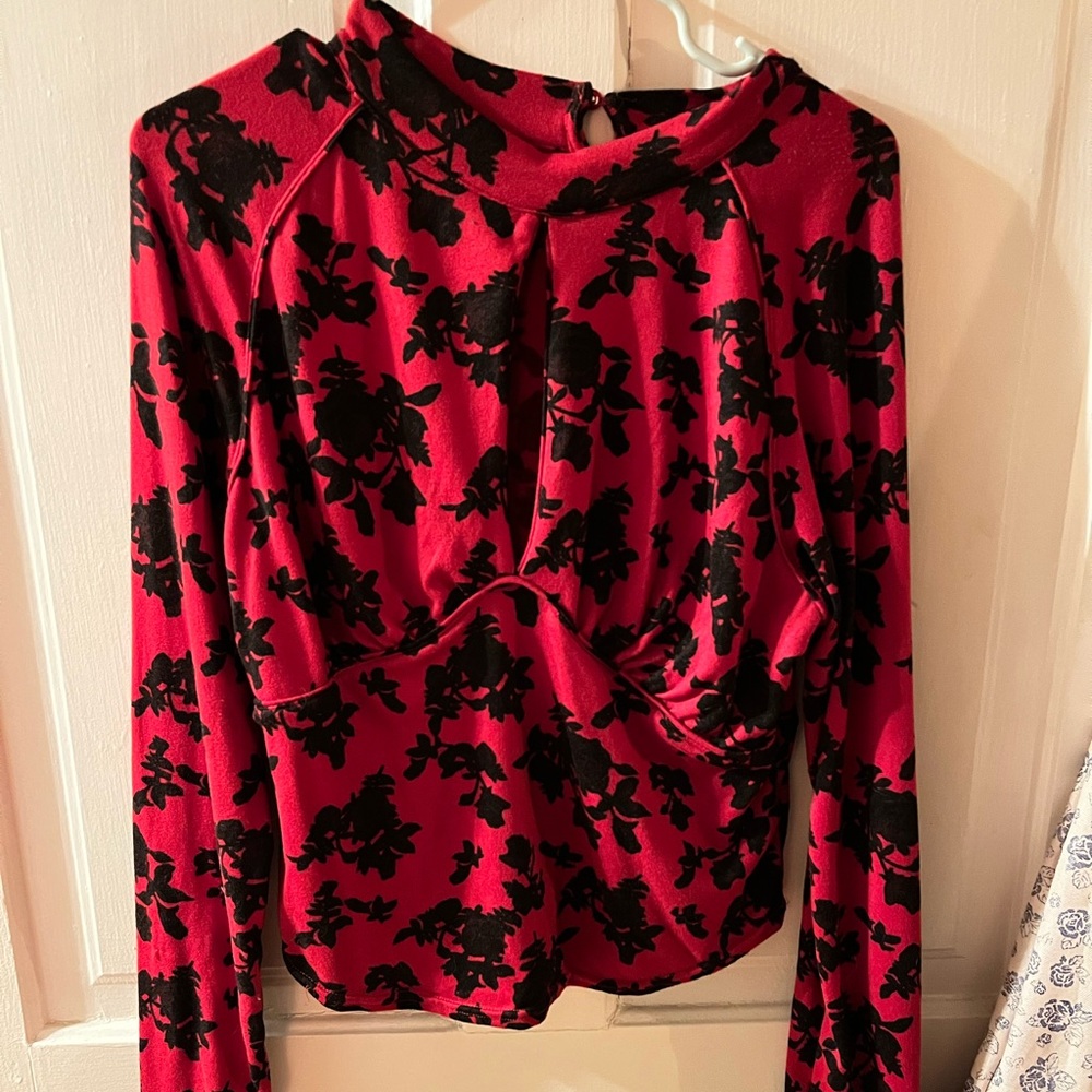 Red and black floral print blouse Free People size XL